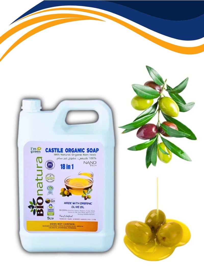 Bionatura Castile Organic Liquid Soap 18-in-1 – 5 Liters, Made with Organic Olive Oil, 100% Natural, Multi-Purpose Natural Cleaner for Body, Hair, Dishes & Home, Eco-Friendly & Biodegradable Family Pack - Image 1